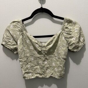 Hollister Cottagecore Fairycore Soft Girl Sage Green Floral Smocked Crop Top XXS